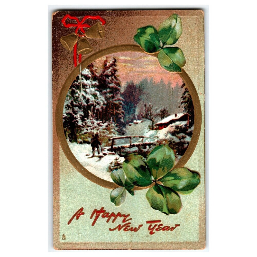 Raphael Tuck New Year Postcard - Winter Scene, Bells, Clovers, Printed in Saxony